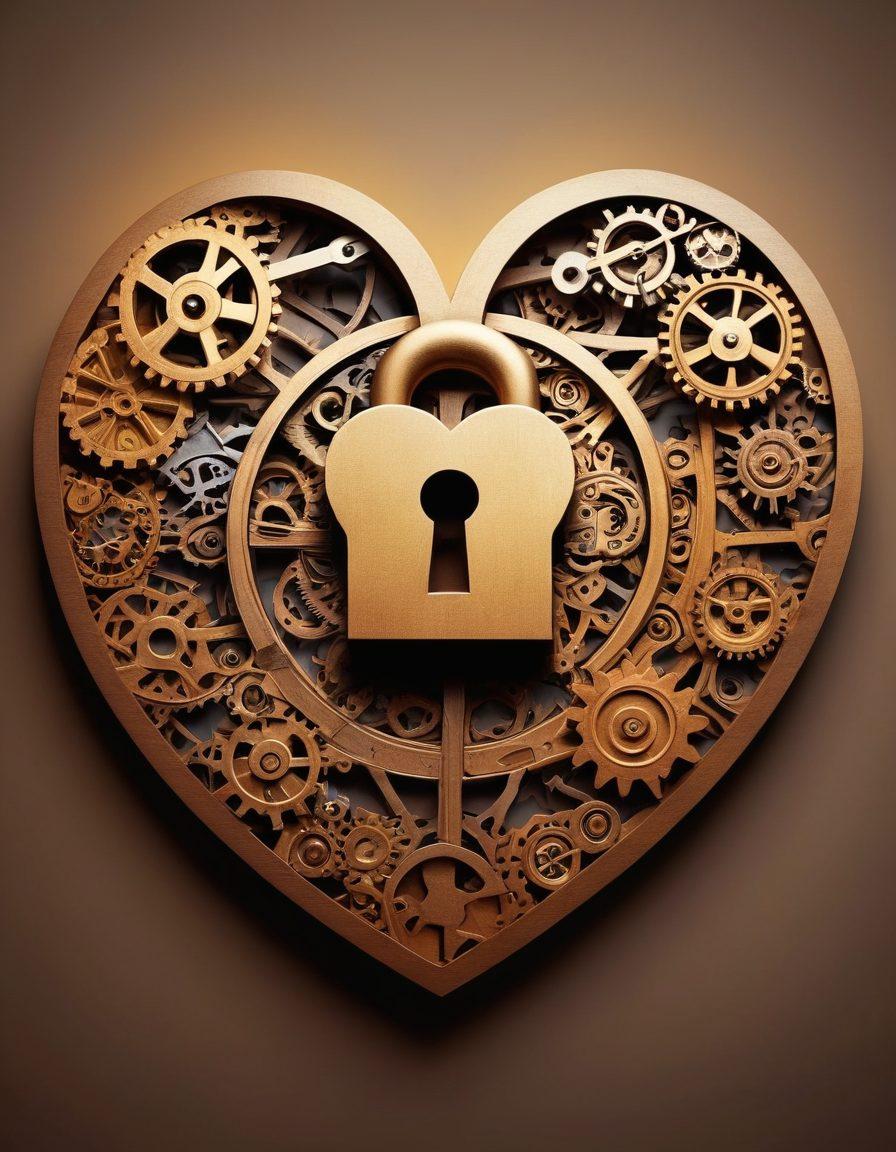 An open padlock surrounded by intricate gears and heart symbols, representing the unlocking of love's secrets. In the background, silhouettes of diverse couples engaging in deep conversations and laughter, symbolizing cognitive testing and emotional connection. Soft, warm lighting to evoke a sense of intimacy and trust. Elements of psychology, like a brain icon and a question mark, subtly integrated into the design. vibrant colors. super-realistic.